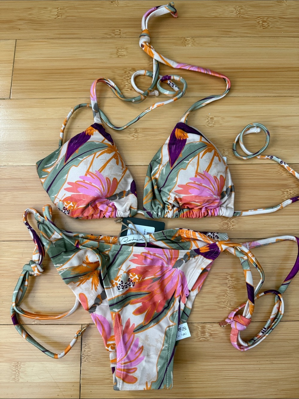 Floral Tie-Strap Bikini Set - Pink & Green